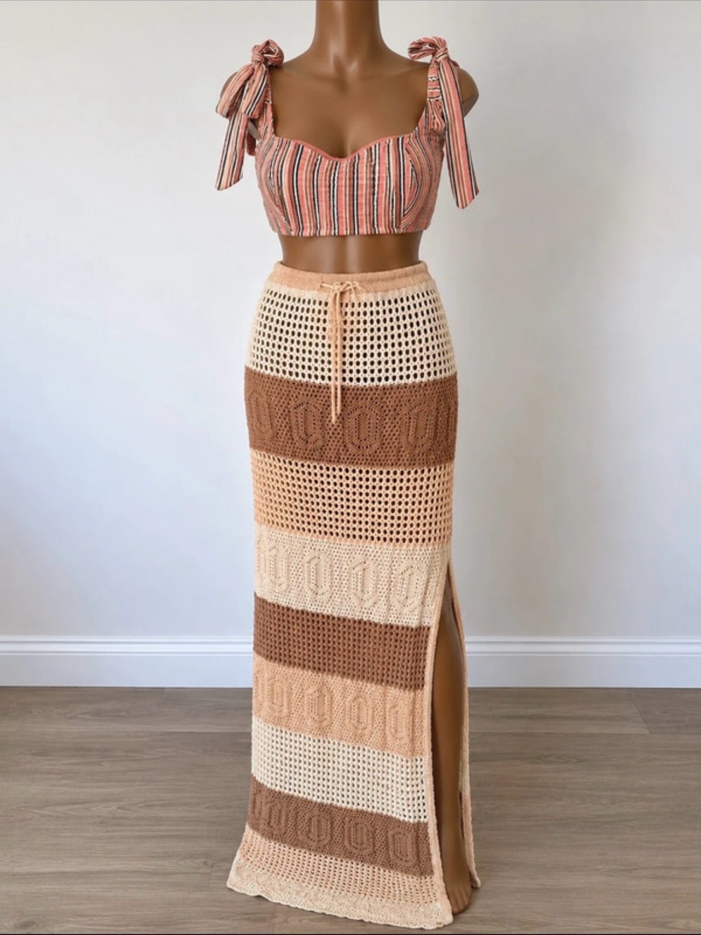 Striped Crochet Maxi Skirt in Cream, Tan & Brown